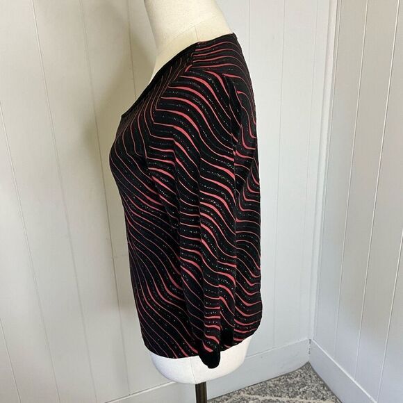 Libra Womens Small Pullover Asymmetrical Neckline Top Black Pink Wave Metallic - Picture 7 of 12